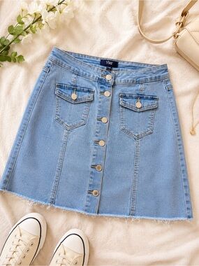 YMI Light Blue Denim Button-Front A-Line Mini Skirt
